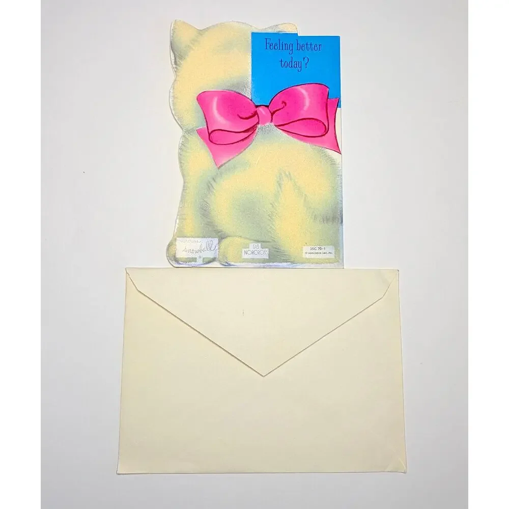1970’s Norcross Flocked Greeting Card Cat Kitten How Are You? Snowball Unused